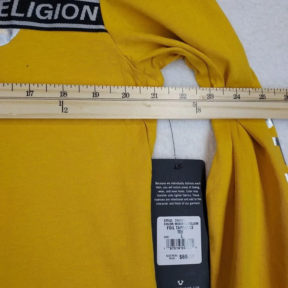 True Religion Mens Mineral Yellow Foil Taping LS Tee Sz L Cotton 700375